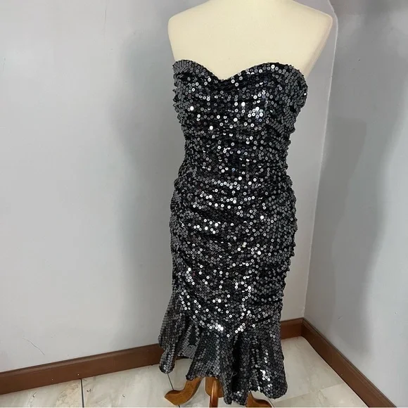 Vintage Tadashi silver fit and flare sweetheart 80s retro cocktail dress bodycon - Picture 10 of 11